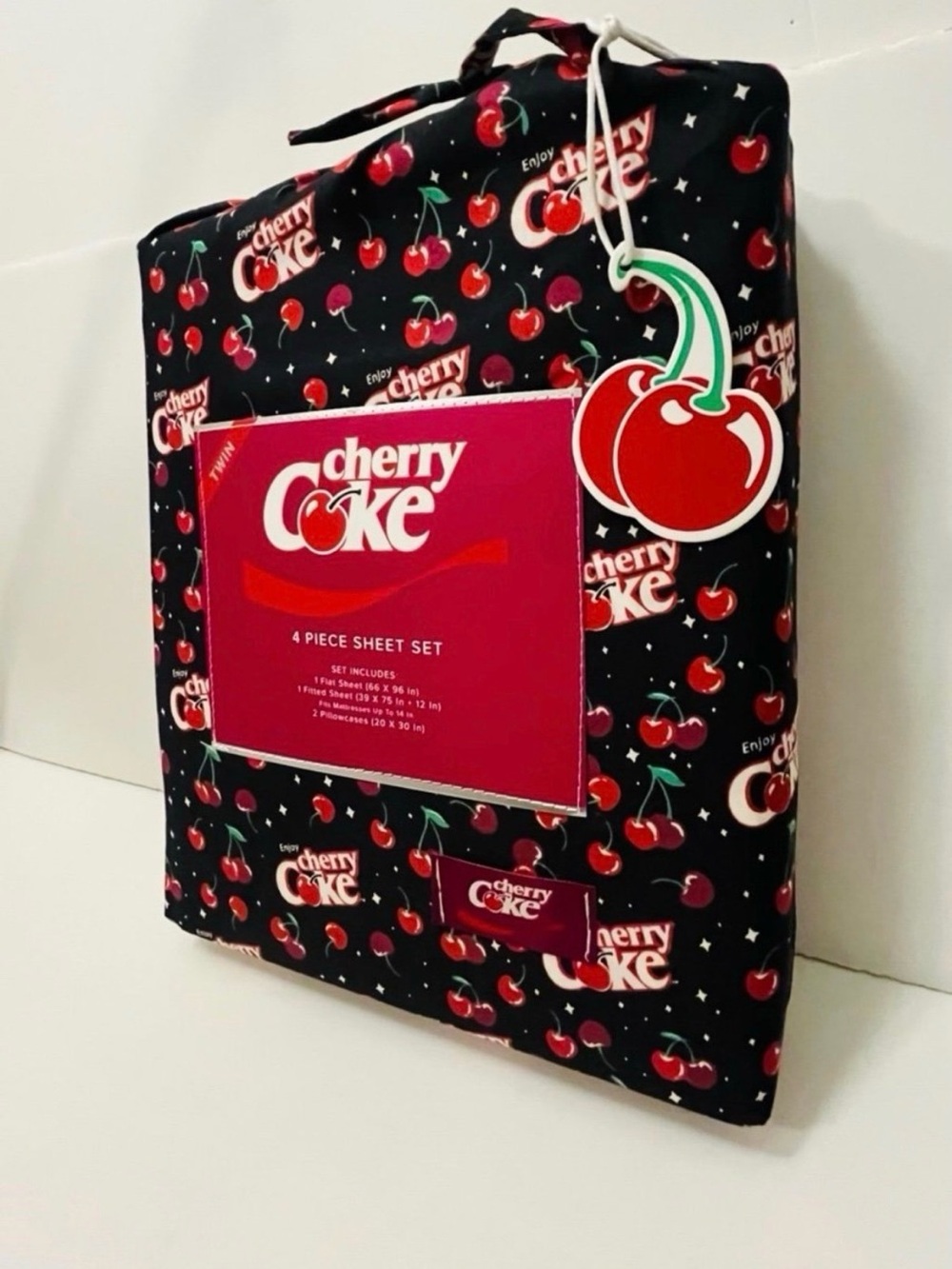Enjoy Cherry Coke Twin Size 4 Piece Sheet Set Black Red White Green - Picture 4 of 12